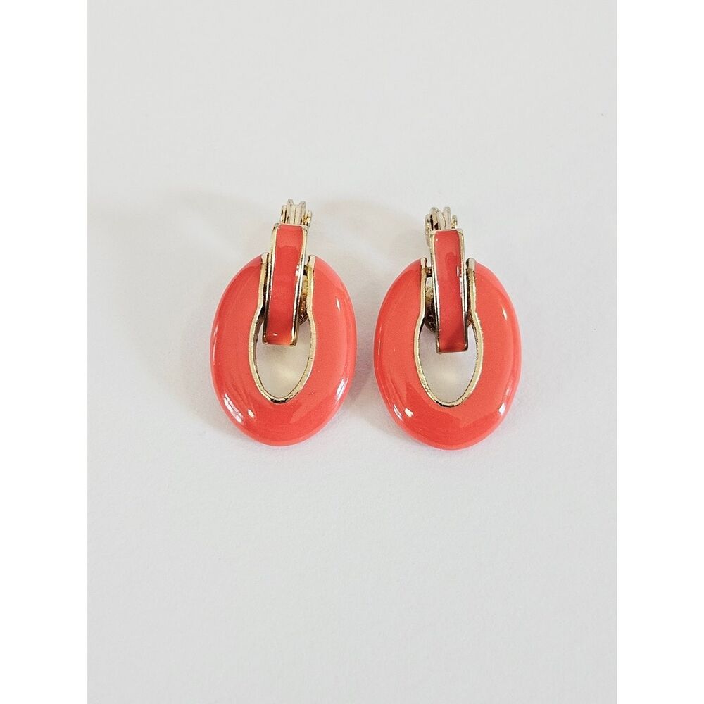Vintage Signed HMN Mod Gold-Tone Coral Enamel Hinged Oval Drop Clip On Earrings